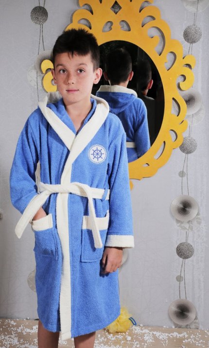 Халат детский махровый с капюшоном (6-7 лет), 913/1/CHAR002, голубой, 6-7 лет - фото 1