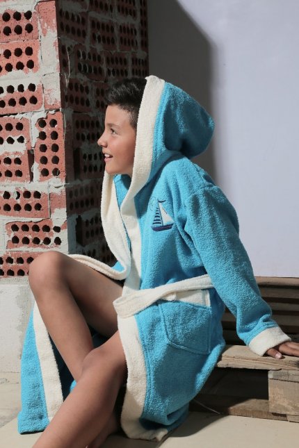 Халат детский махровый с капюшоном (8-9 лет), 913/2/CHAR003, бирюзовый, 8-9 лет - фото 1