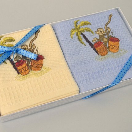 Набор из двух вафельных салфеток с вышивкой (45x70 см), 1014-BL, голубой, 45x70 - фото 1